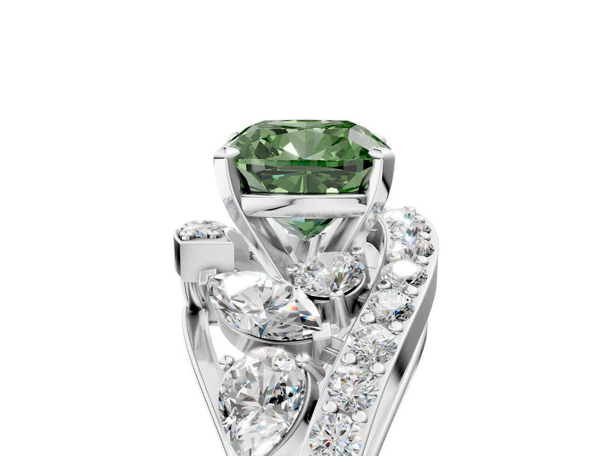 Fancy Green Cushion Cut Diamond Halo Ring in White gold with Marquise and Pavé Band in Prong Setting_5