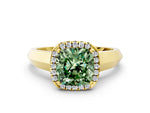 Fancy Green Cushion Cut Diamond Halo Ring in Yellow gold with Cathedral Band and Prong Setting
