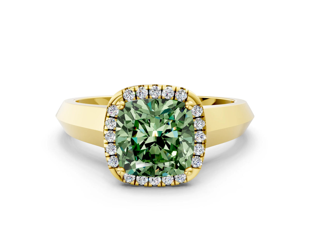Fancy Green Cushion Cut Diamond Halo Ring in Yellow gold with Cathedral Band and Prong Setting