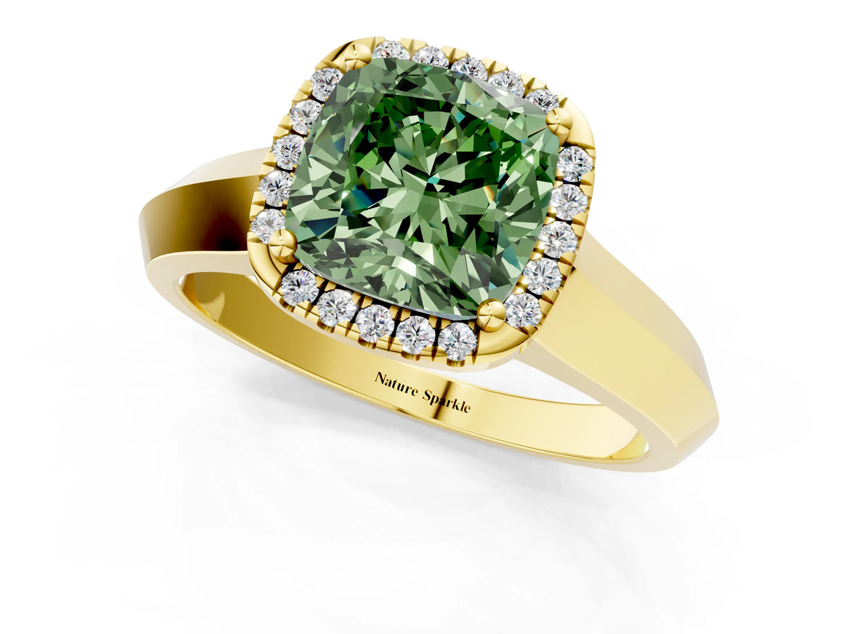 Fancy Green Cushion Cut Diamond Halo Ring in Yellow gold with Cathedral Band and Prong Setting_1