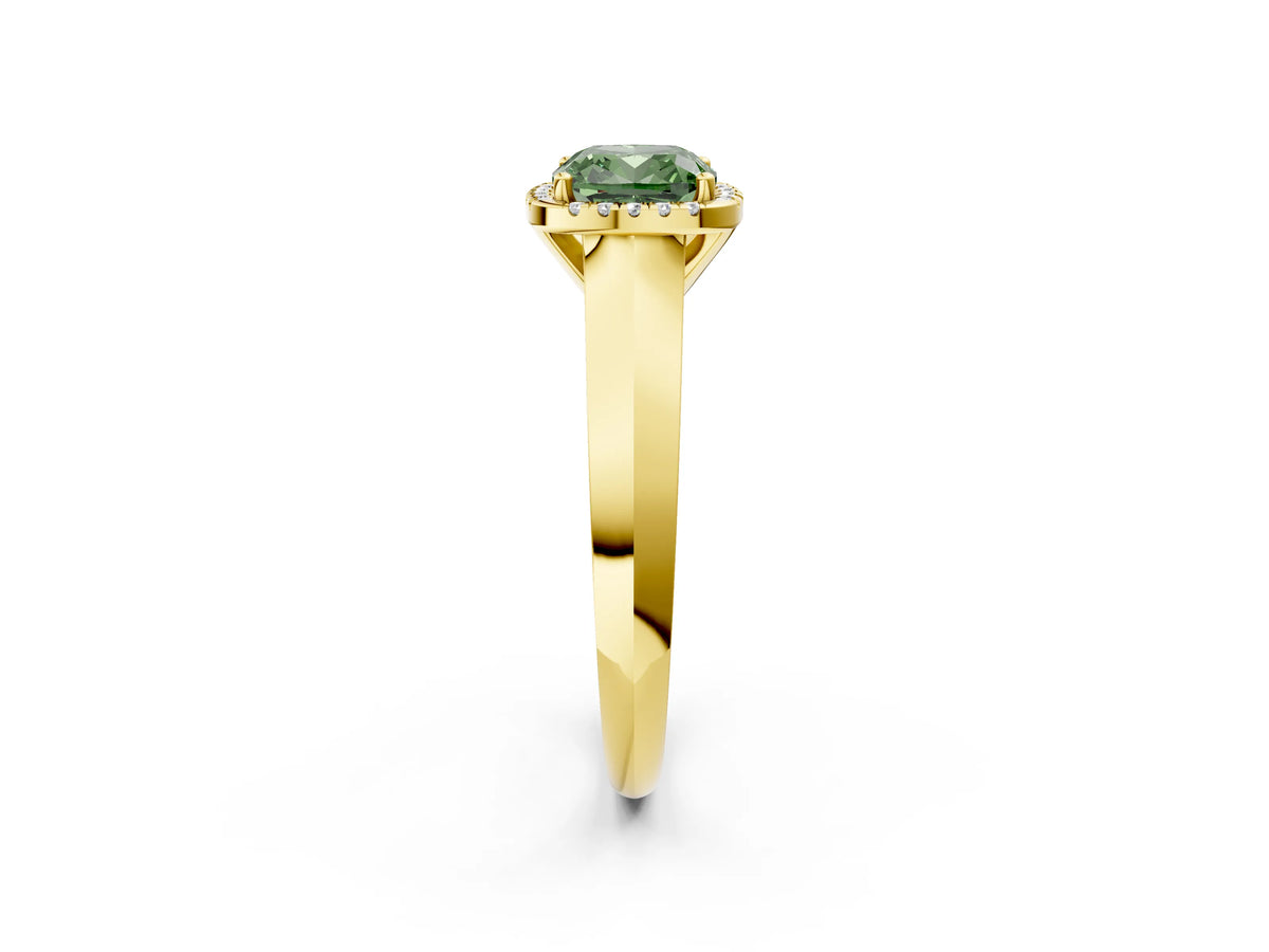 Fancy Green Cushion Cut Diamond Halo Ring in Yellow gold with Cathedral Band and Prong Setting_2