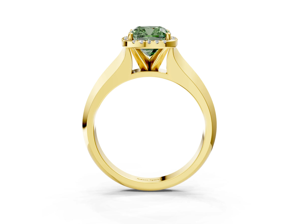 Fancy Green Cushion Cut Diamond Halo Ring in Yellow gold with Cathedral Band and Prong Setting_3