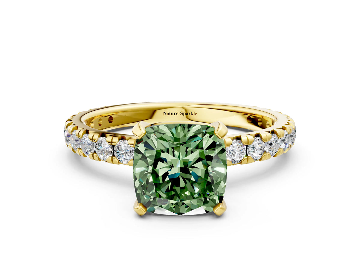 Fancy Green Cushion Cut Diamond Pavé Solitaire Ring in Yellow gold with Round Pavé Band and Prong Setting