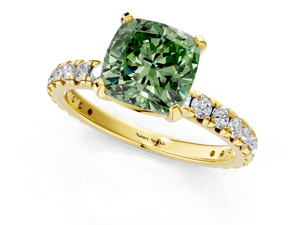 Fancy Green Cushion Cut Diamond Pavé Solitaire Ring in Yellow gold with Round Pavé Band and Prong Setting_1