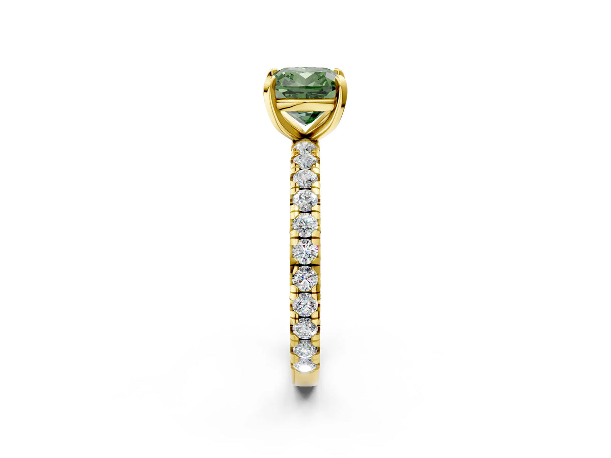 Fancy Green Cushion Cut Diamond Pavé Solitaire Ring in Yellow gold with Round Pavé Band and Prong Setting_2