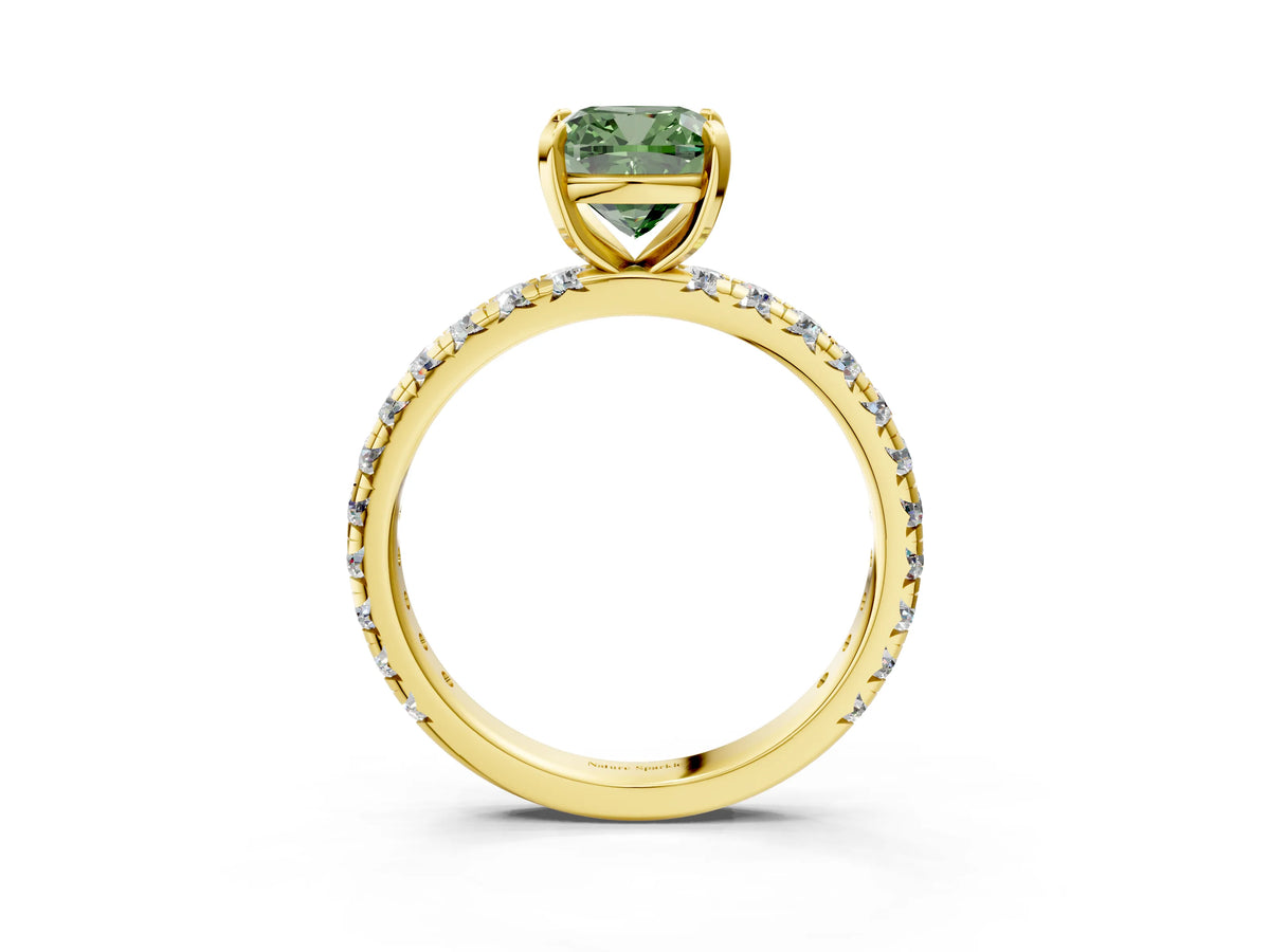 Fancy Green Cushion Cut Diamond Pavé Solitaire Ring in Yellow gold with Round Pavé Band and Prong Setting_3