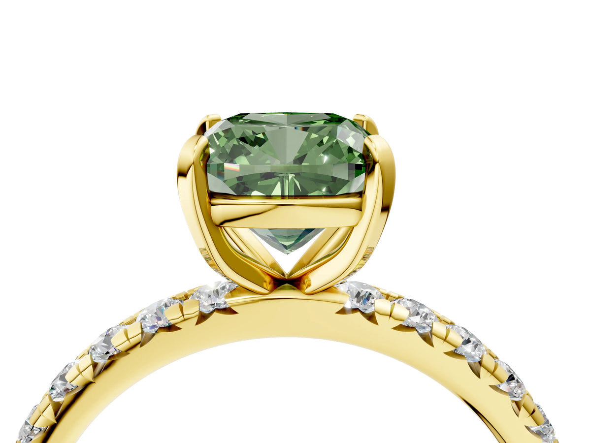 Fancy Green Cushion Cut Diamond Pavé Solitaire Ring in Yellow gold with Round Pavé Band and Prong Setting_4