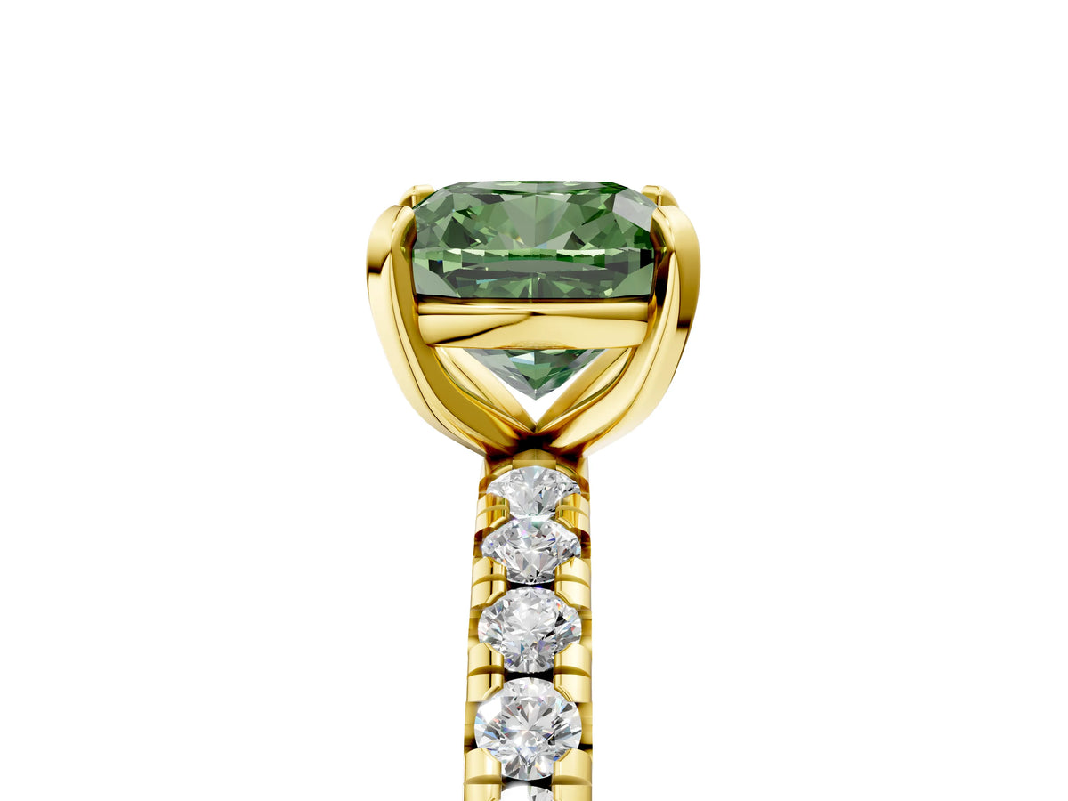 Fancy Green Cushion Cut Diamond Pavé Solitaire Ring in Yellow gold with Round Pavé Band and Prong Setting_5