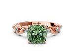 Fancy Green Cushion Cut Diamond Solitaire Ring in Rose gold with Twisted Ribbon Band and Round Accents