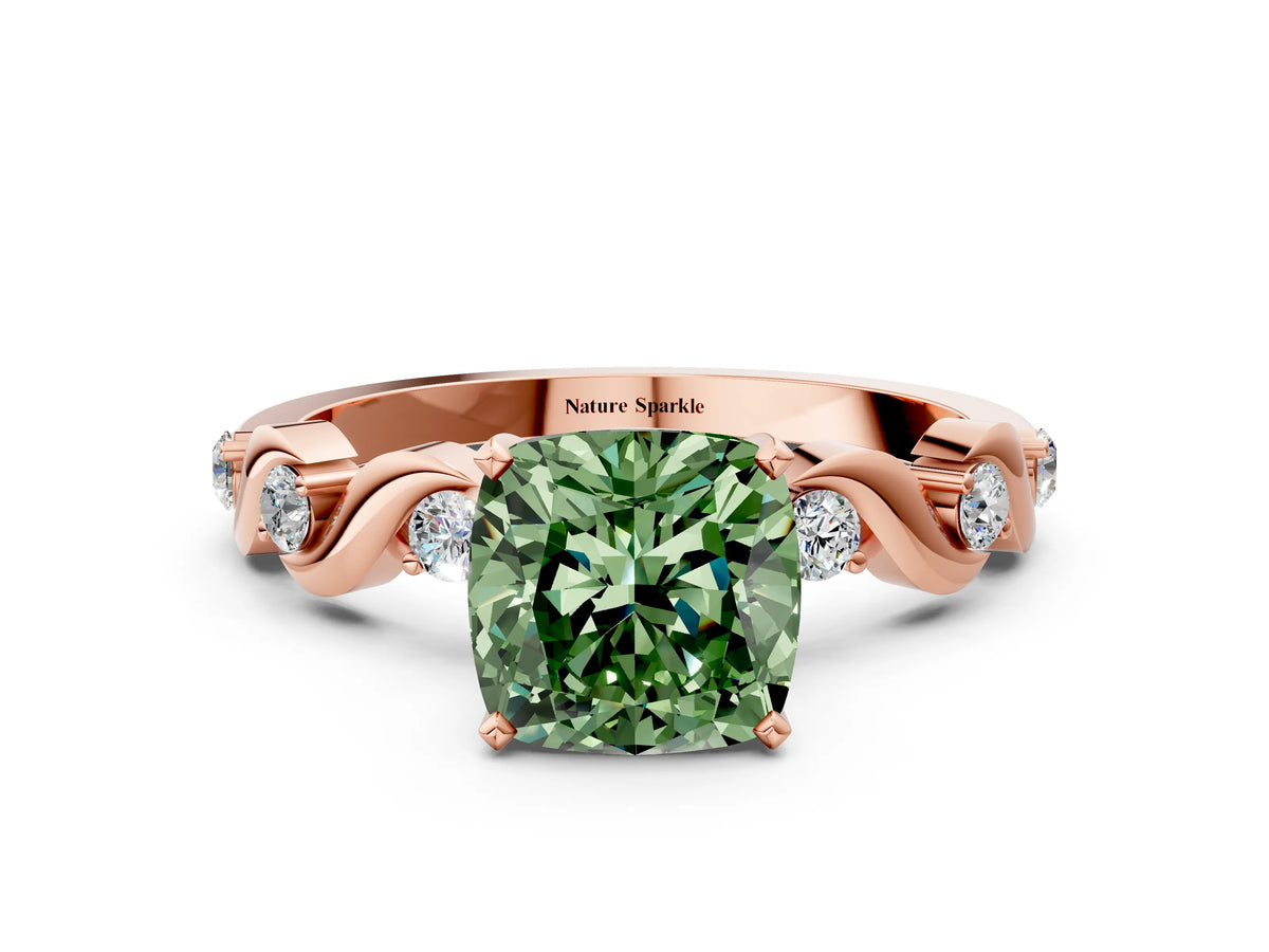 Fancy Green Cushion Cut Diamond Solitaire Ring in Rose gold with Twisted Ribbon Band and Round Accents