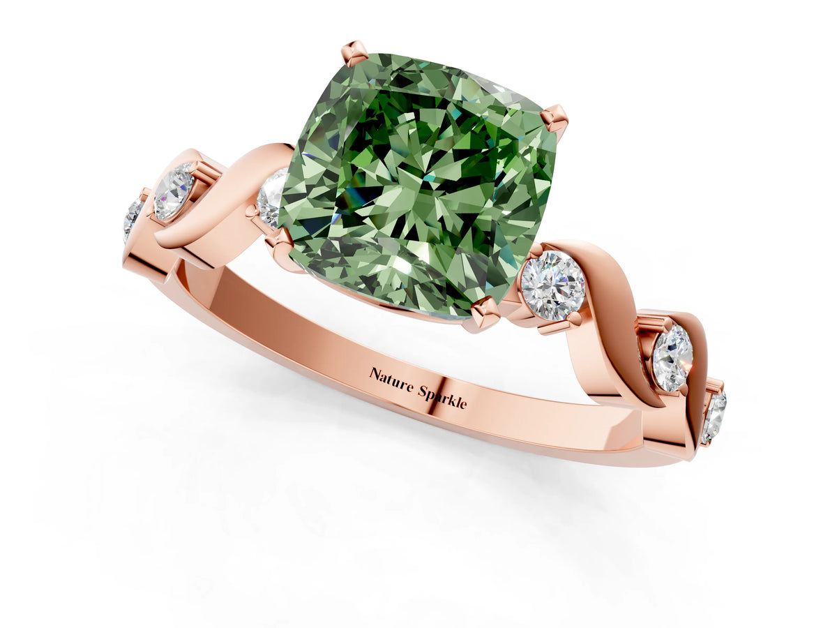 Fancy Green Cushion Cut Diamond Solitaire Ring in Rose gold with Twisted Ribbon Band and Round Accents_1