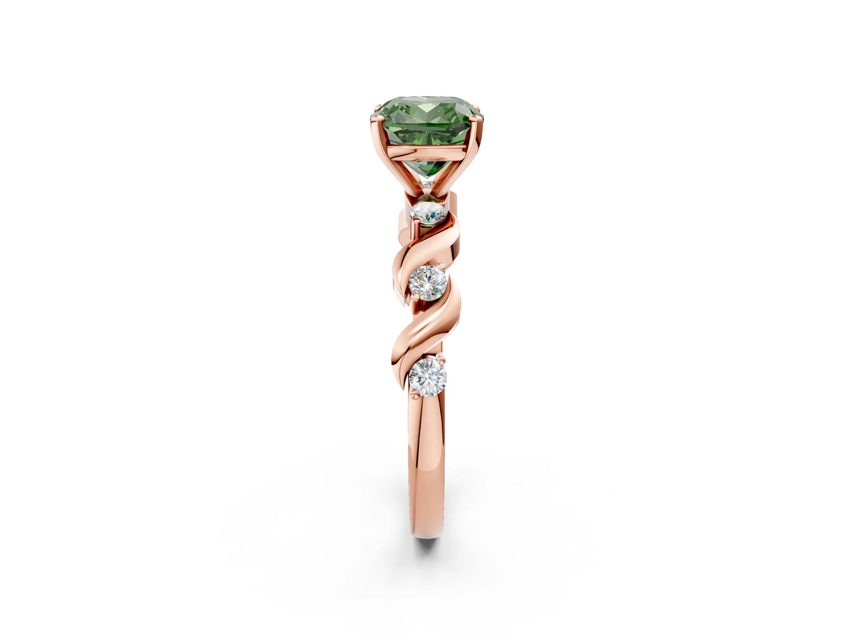 Fancy Green Cushion Cut Diamond Solitaire Ring in Rose gold with Twisted Ribbon Band and Round Accents_2