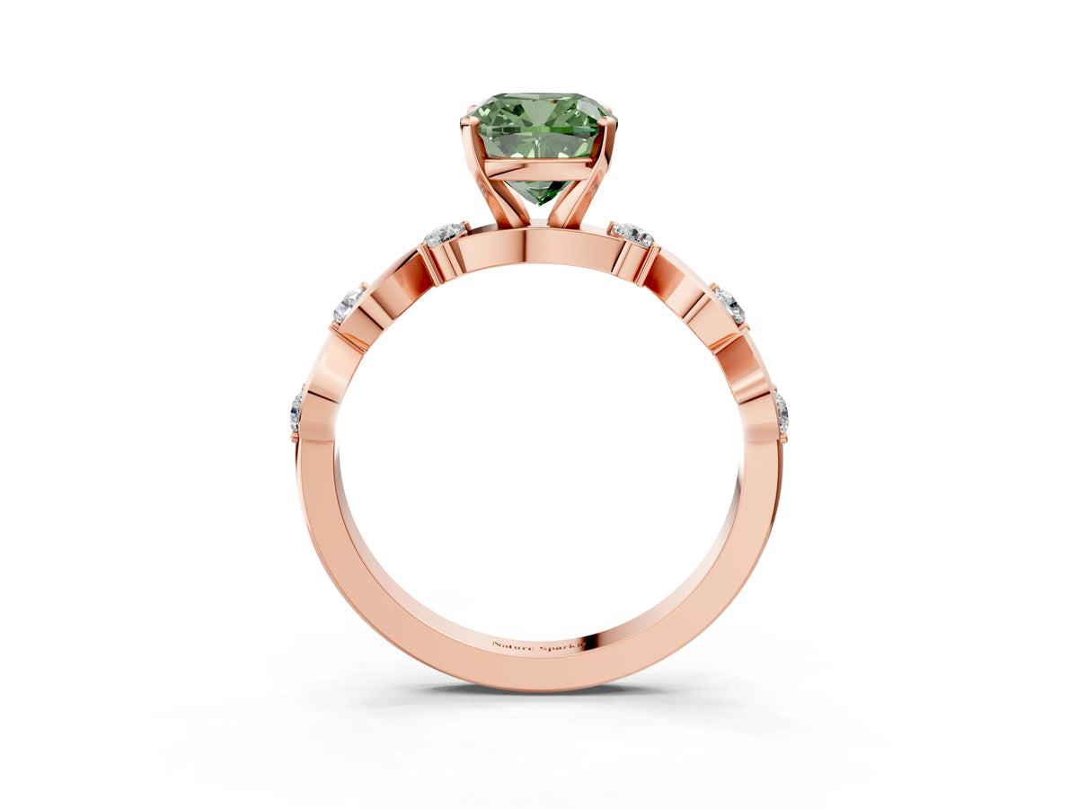 Fancy Green Cushion Cut Diamond Solitaire Ring in Rose gold with Twisted Ribbon Band and Round Accents_3