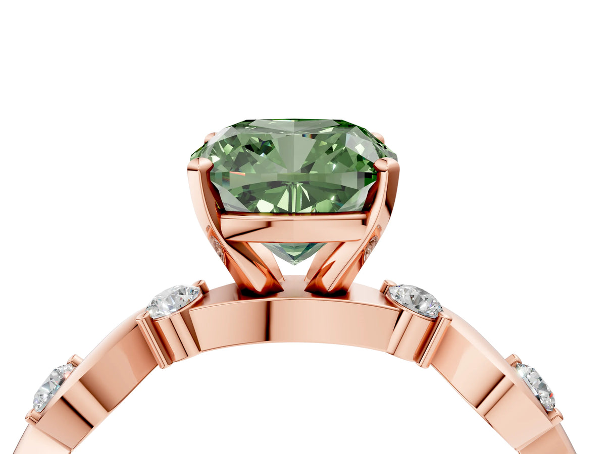 Fancy Green Cushion Cut Diamond Solitaire Ring in Rose gold with Twisted Ribbon Band and Round Accents_4