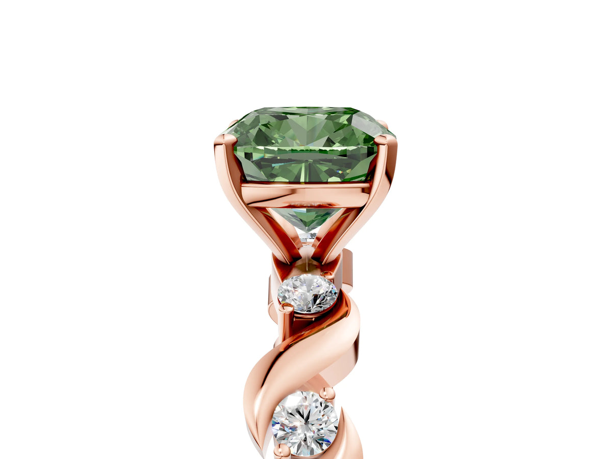 Fancy Green Cushion Cut Diamond Solitaire Ring in Rose gold with Twisted Ribbon Band and Round Accents_5