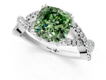 Fancy Green Cushion Cut Diamond Solitaire Ring in Silver with Interwoven Pavé Band and Prong Setting_7