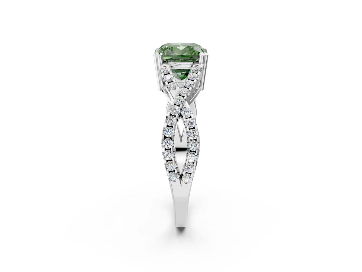 Fancy Green Cushion Cut Diamond Solitaire Ring in Silver with Interwoven Pavé Band and Prong Setting_8