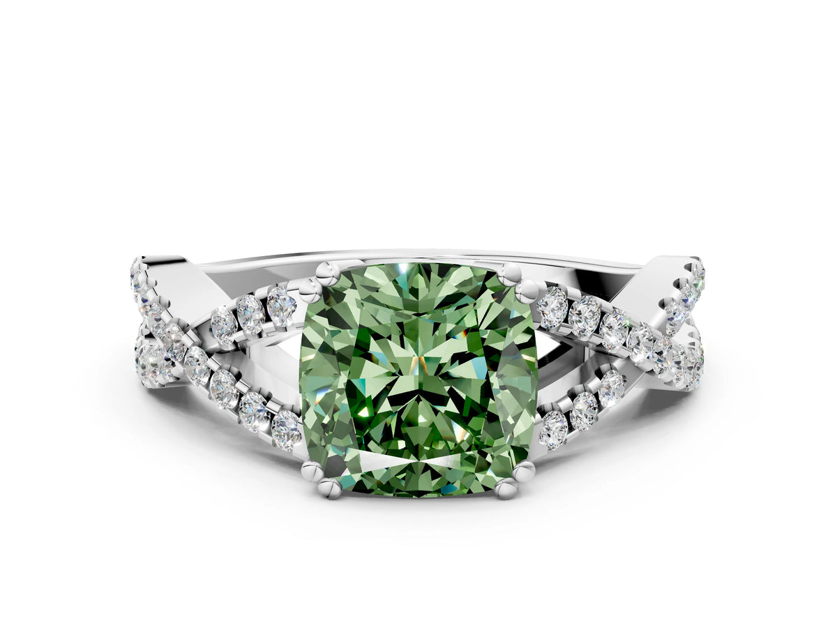 Fancy Green Cushion Cut Diamond Solitaire Ring in White gold with Interwoven Pavé Band and Prong Setting