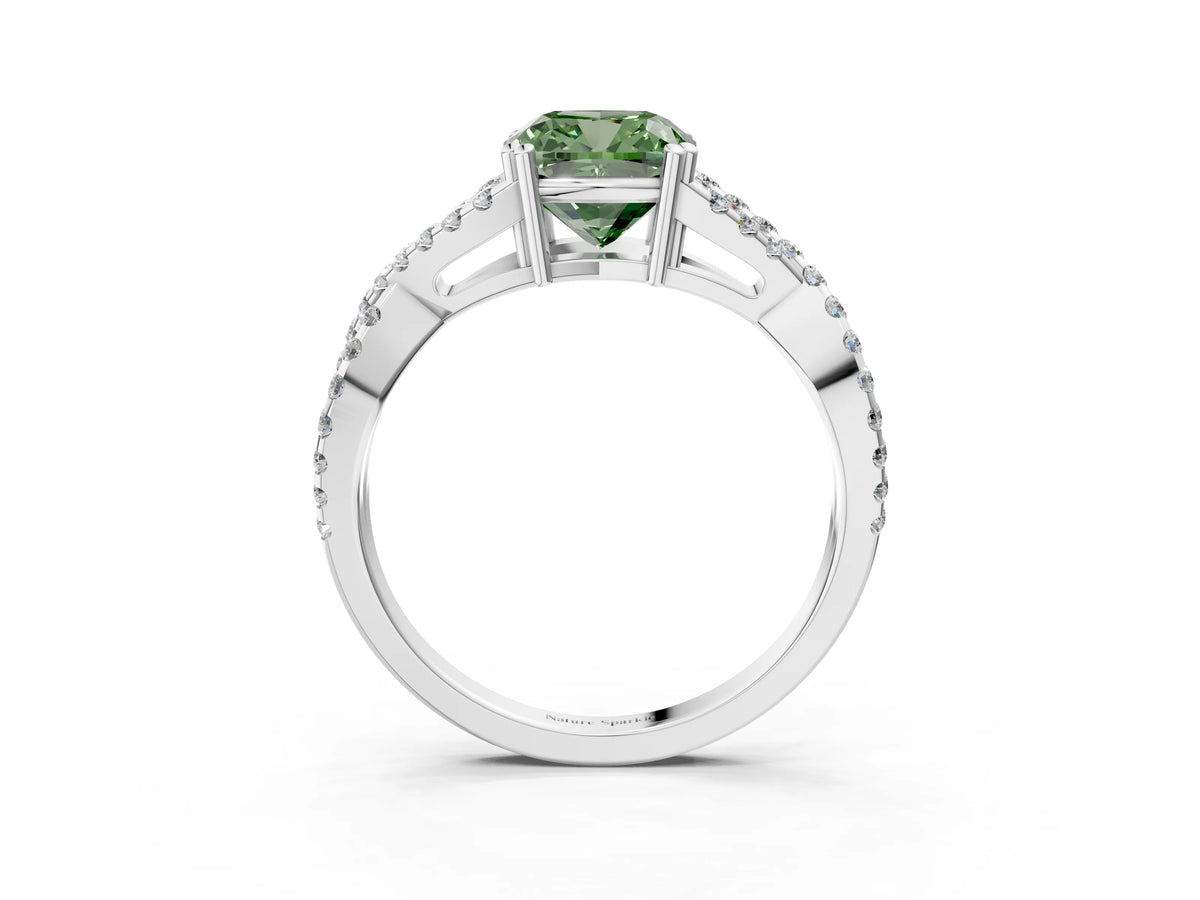 Fancy Green Cushion Cut Diamond Solitaire Ring in White gold with Interwoven Pavé Band and Prong Setting_3