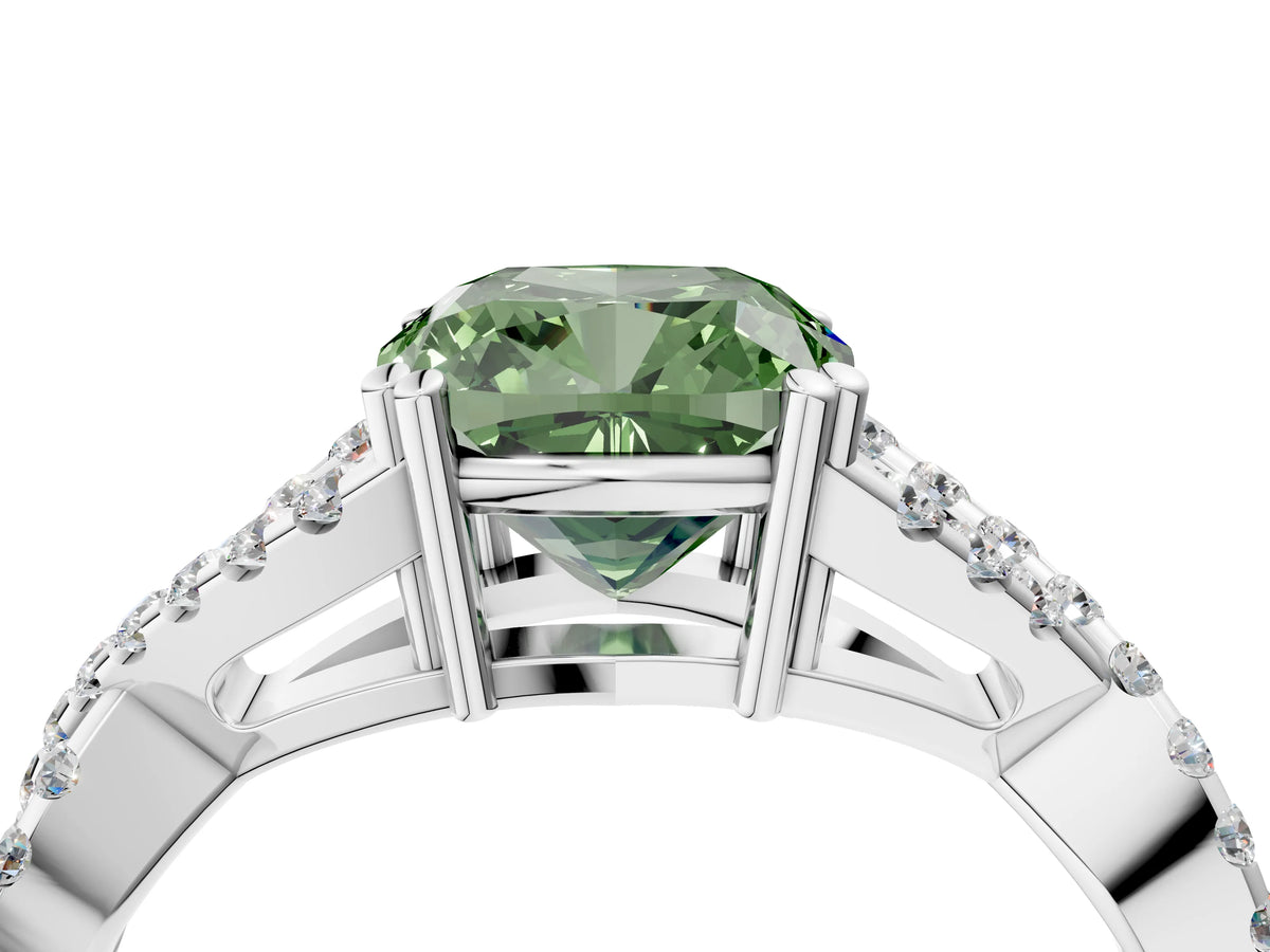 Fancy Green Cushion Cut Diamond Solitaire Ring in White gold with Interwoven Pavé Band and Prong Setting_4