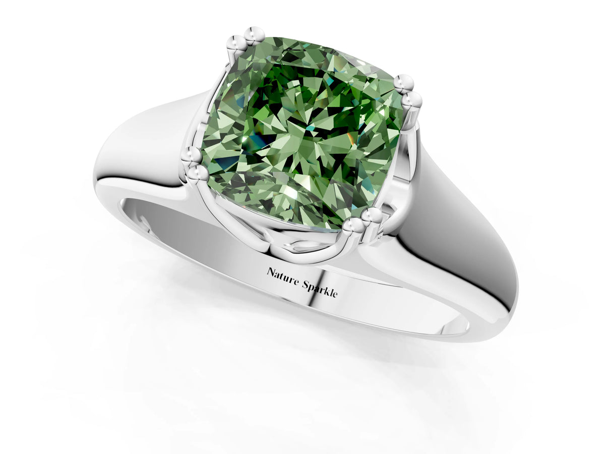 Fancy Green Cushion Cut Diamond Solitaire Ring in White gold with Smooth Wide Band and Prong Setting_1