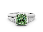 Fancy Green Cushion Cut Diamond Solitaire Ring in White gold with Smooth Wide Band and Prong Setting