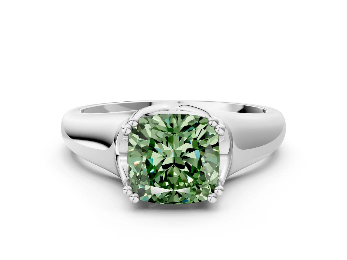 Fancy Green Cushion Cut Diamond Solitaire Ring in White gold with Smooth Wide Band and Prong Setting