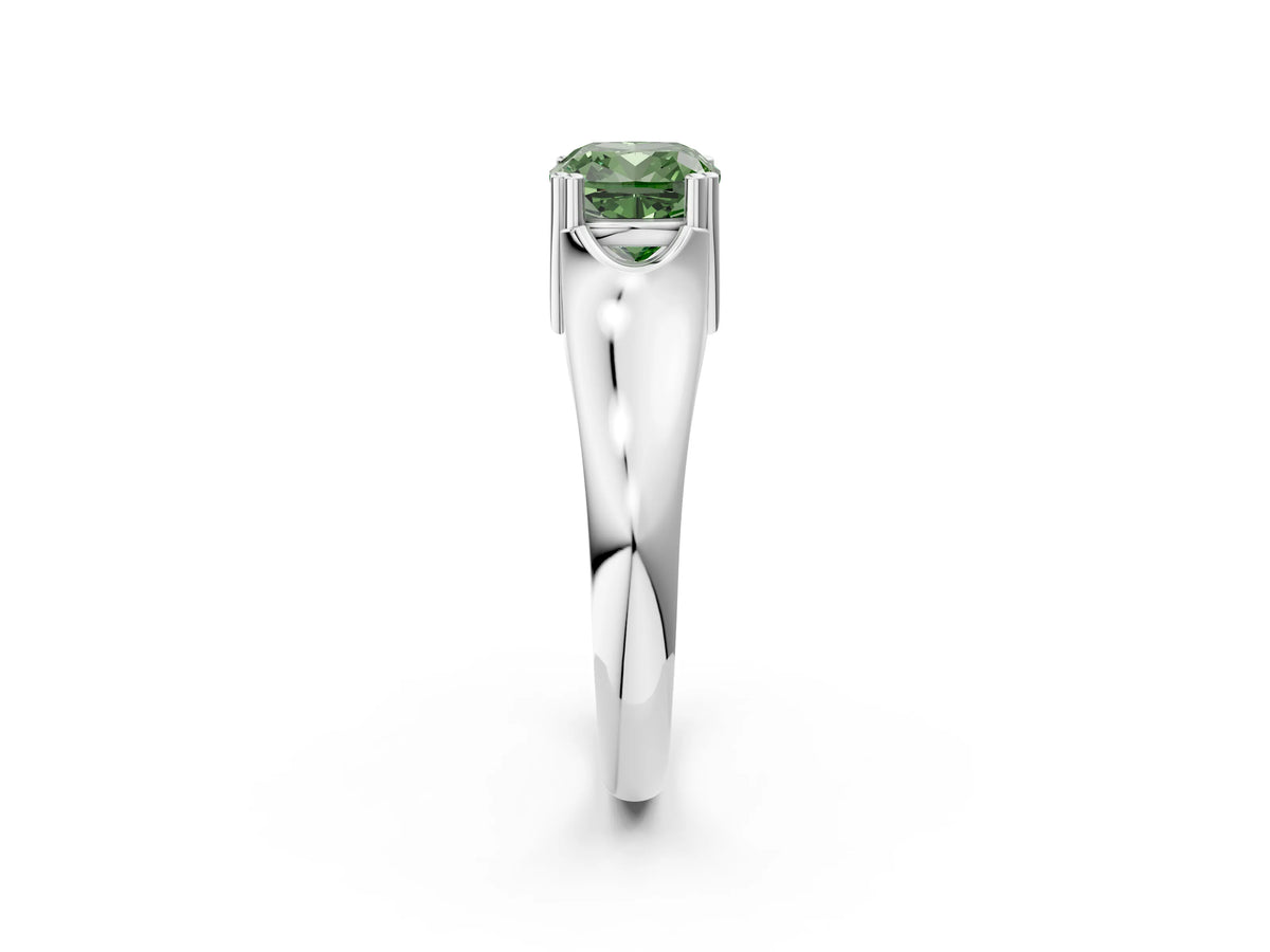 Fancy Green Cushion Cut Diamond Solitaire Ring in White gold with Smooth Wide Band and Prong Setting_2