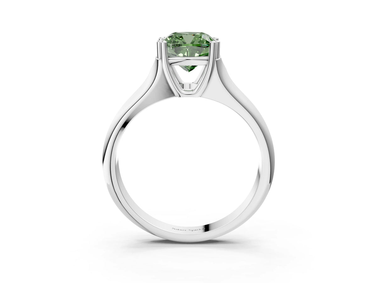 Fancy Green Cushion Cut Diamond Solitaire Ring in White gold with Smooth Wide Band and Prong Setting_3