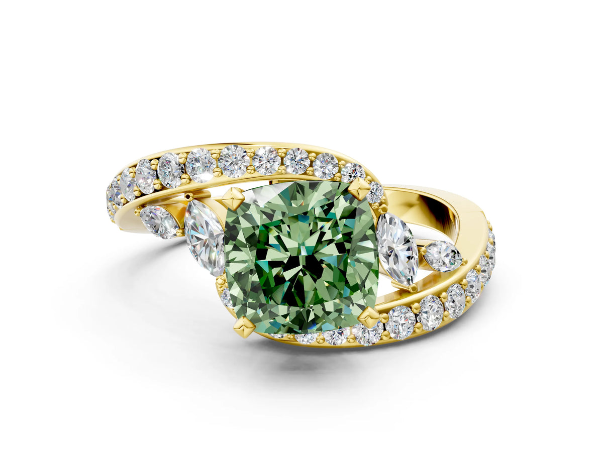 Fancy Green Cushion Cut Diamond Solitaire Ring in Yellow gold with Pavé Twist Band and Prong Setting
