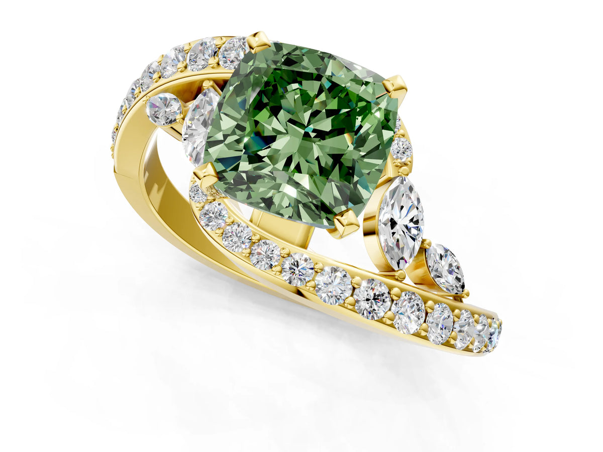 Fancy Green Cushion Cut Diamond Solitaire Ring in Yellow gold with Pavé Twist Band and Prong Setting_1