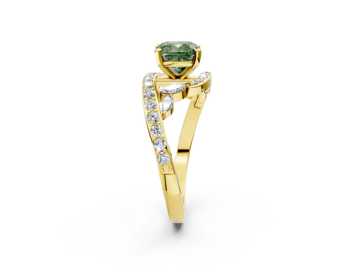 Fancy Green Cushion Cut Diamond Solitaire Ring in Yellow gold with Pavé Twist Band and Prong Setting_2