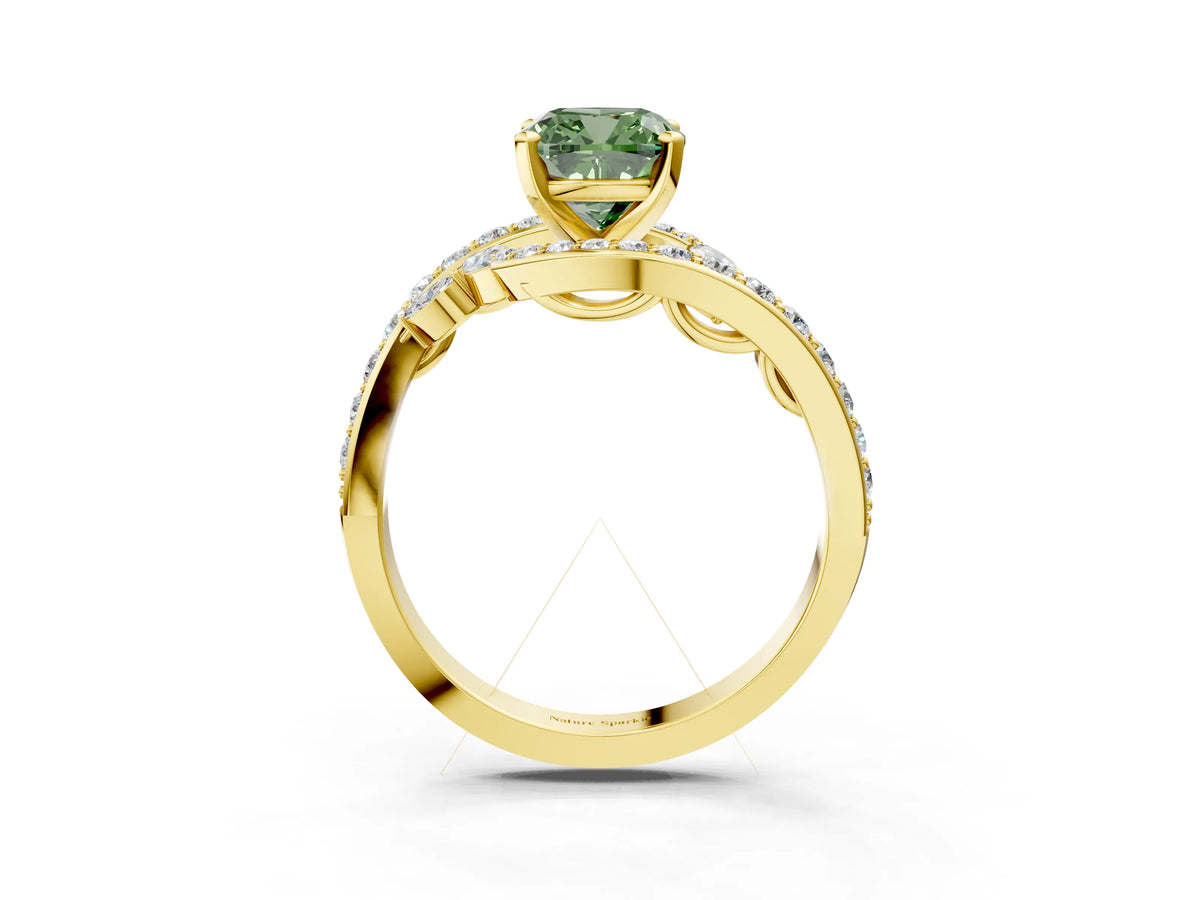 Fancy Green Cushion Cut Diamond Solitaire Ring in Yellow gold with Pavé Twist Band and Prong Setting_3