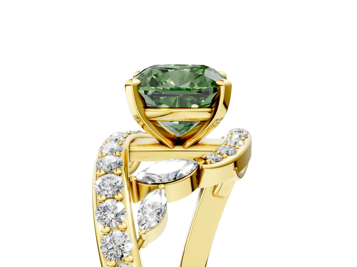 Fancy Green Cushion Cut Diamond Solitaire Ring in Yellow gold with Pavé Twist Band and Prong Setting_5