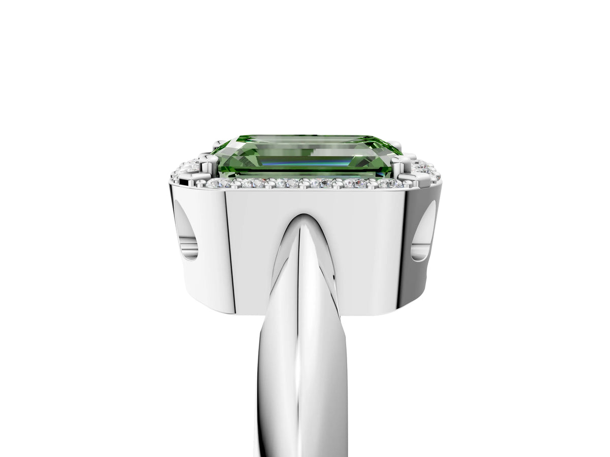 Fancy Green Emerald Cut Diamond Halo Engagement Ring in Platinum with Plain Split Shank and Prong Setting_17
