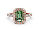 Fancy Green Emerald Cut Diamond Halo Engagement Ring in Rose gold with Milgrain Detail and Pavé Band