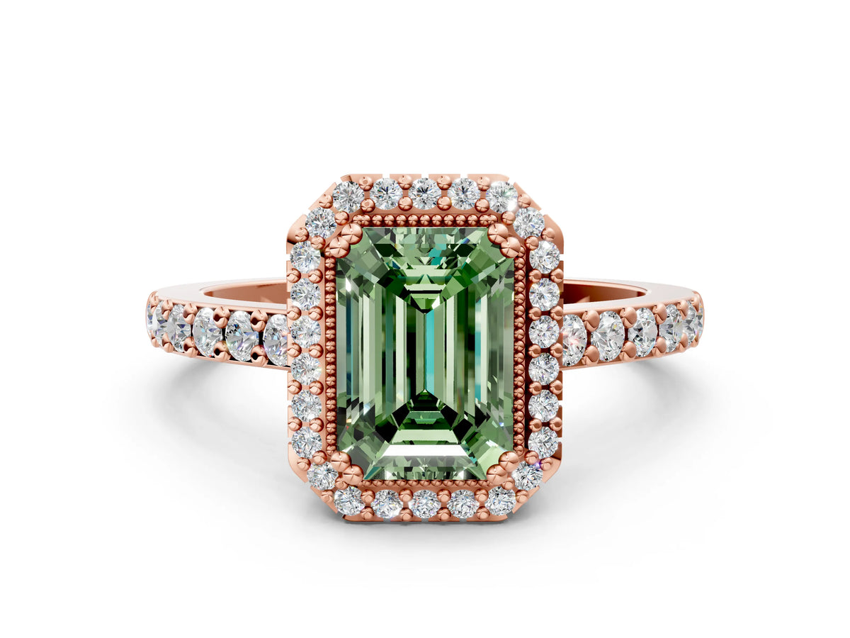 Fancy Green Emerald Cut Diamond Halo Engagement Ring in Rose gold with Milgrain Detail and Pavé Band