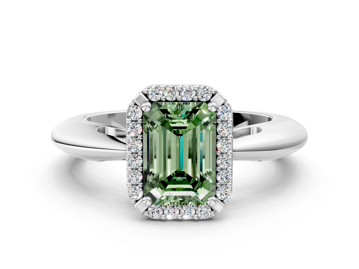 Fancy Green Emerald Cut Diamond Halo Engagement Ring in Silver with Plain Split Shank and Prong Setting_12