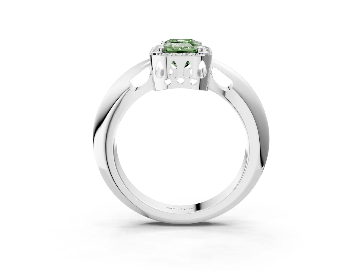 Fancy Green Emerald Cut Diamond Halo Engagement Ring in Silver with Plain Split Shank and Prong Setting_15