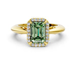 Fancy Green Emerald Cut Diamond Halo Engagement Ring in Yellow gold with Plain Split Shank and Prong Setting