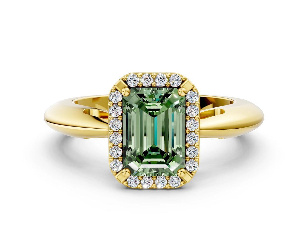 Fancy Green Emerald Cut Diamond Halo Engagement Ring in Yellow gold with Plain Split Shank and Prong Setting