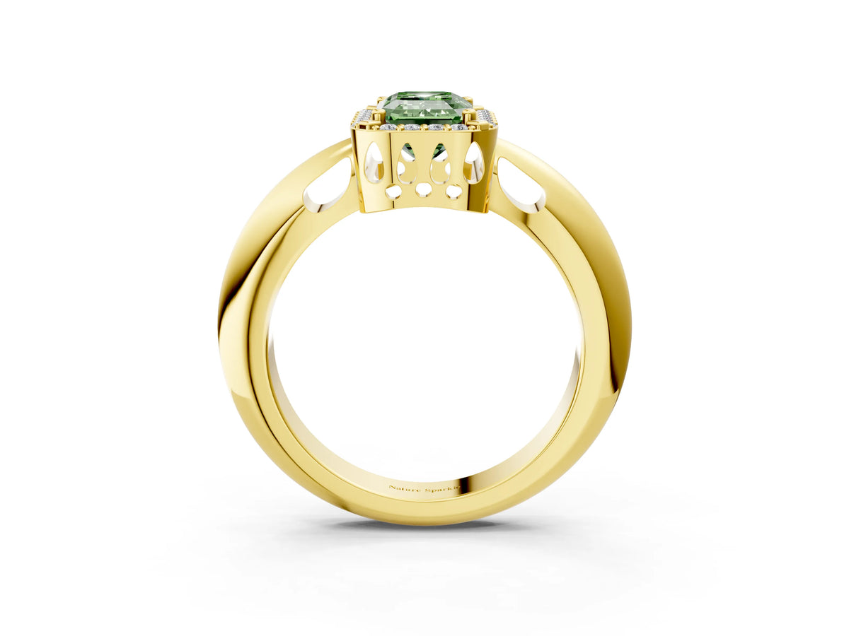 Fancy Green Emerald Cut Diamond Halo Engagement Ring in Yellow gold with Plain Split Shank and Prong Setting_3