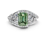 Fancy Green Emerald Cut Diamond Halo Ring in Platinum with Marquise and Pavé Band in Prong Setting_12