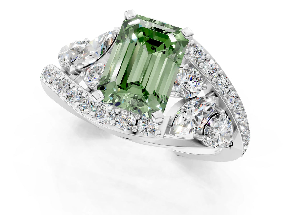 Fancy Green Emerald Cut Diamond Halo Ring in Platinum with Marquise and Pavé Band in Prong Setting_13