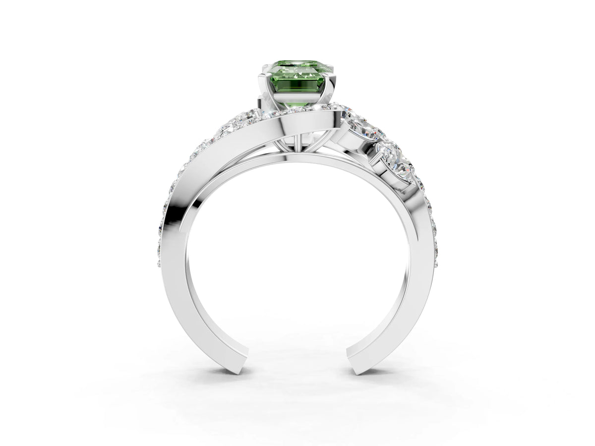 Fancy Green Emerald Cut Diamond Halo Ring in Platinum with Marquise and Pavé Band in Prong Setting_15