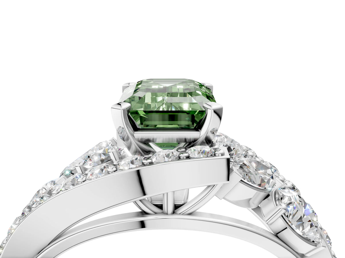 Fancy Green Emerald Cut Diamond Halo Ring in Platinum with Marquise and Pavé Band in Prong Setting_16