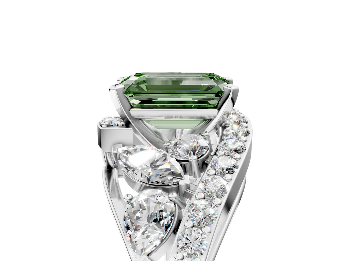 Fancy Green Emerald Cut Diamond Halo Ring in Platinum with Marquise and Pavé Band in Prong Setting_17