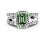 Fancy Green Emerald Cut Diamond Halo Ring in Platinum with Split Shank Band and Prong Setting_12