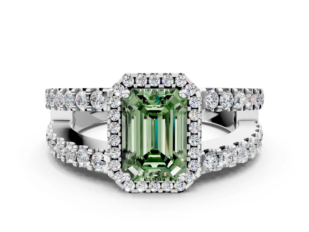 Fancy Green Emerald Cut Diamond Halo Ring in Platinum with Split Shank Band and Prong Setting_12