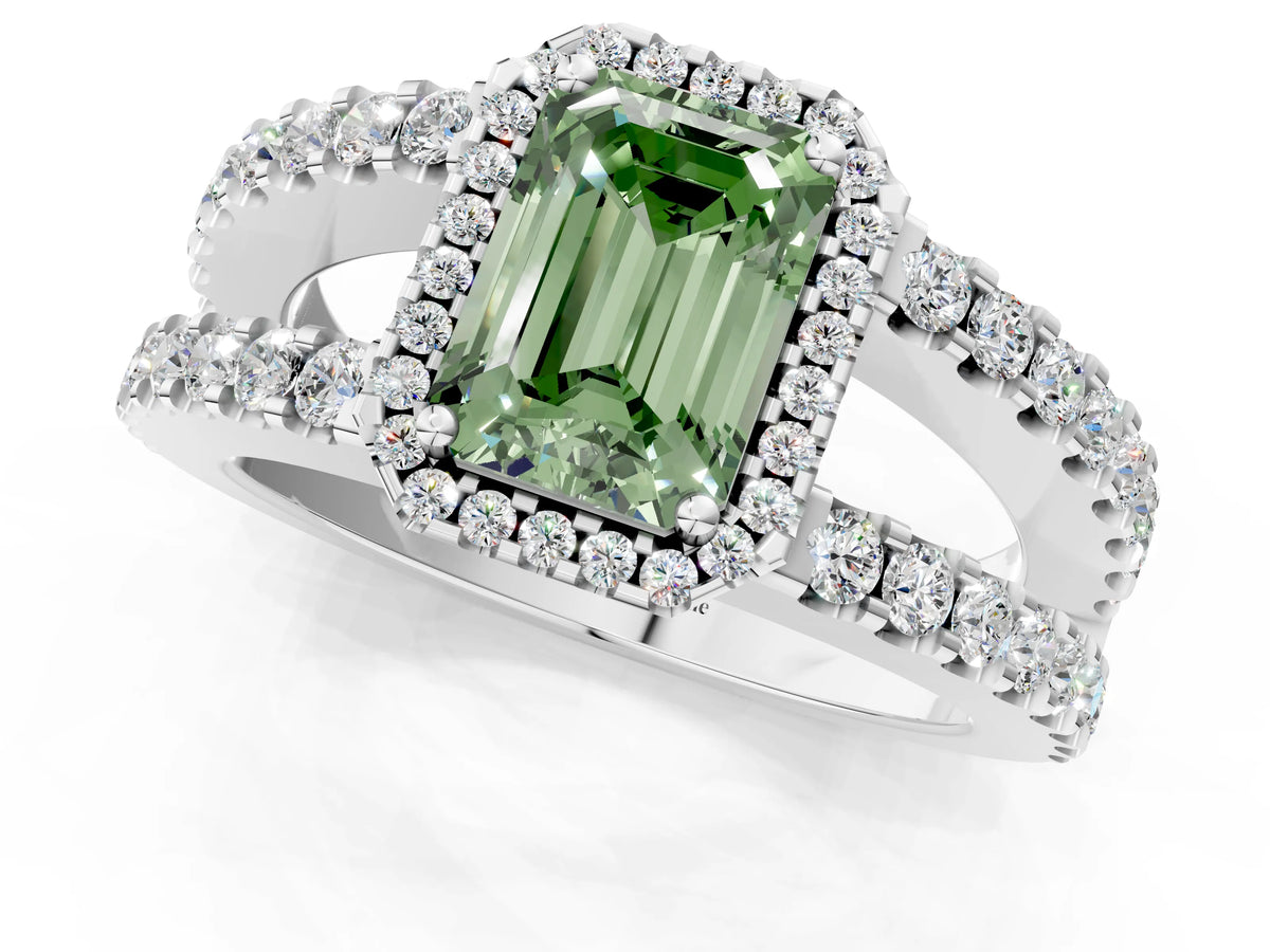 Fancy Green Emerald Cut Diamond Halo Ring in Platinum with Split Shank Band and Prong Setting_13